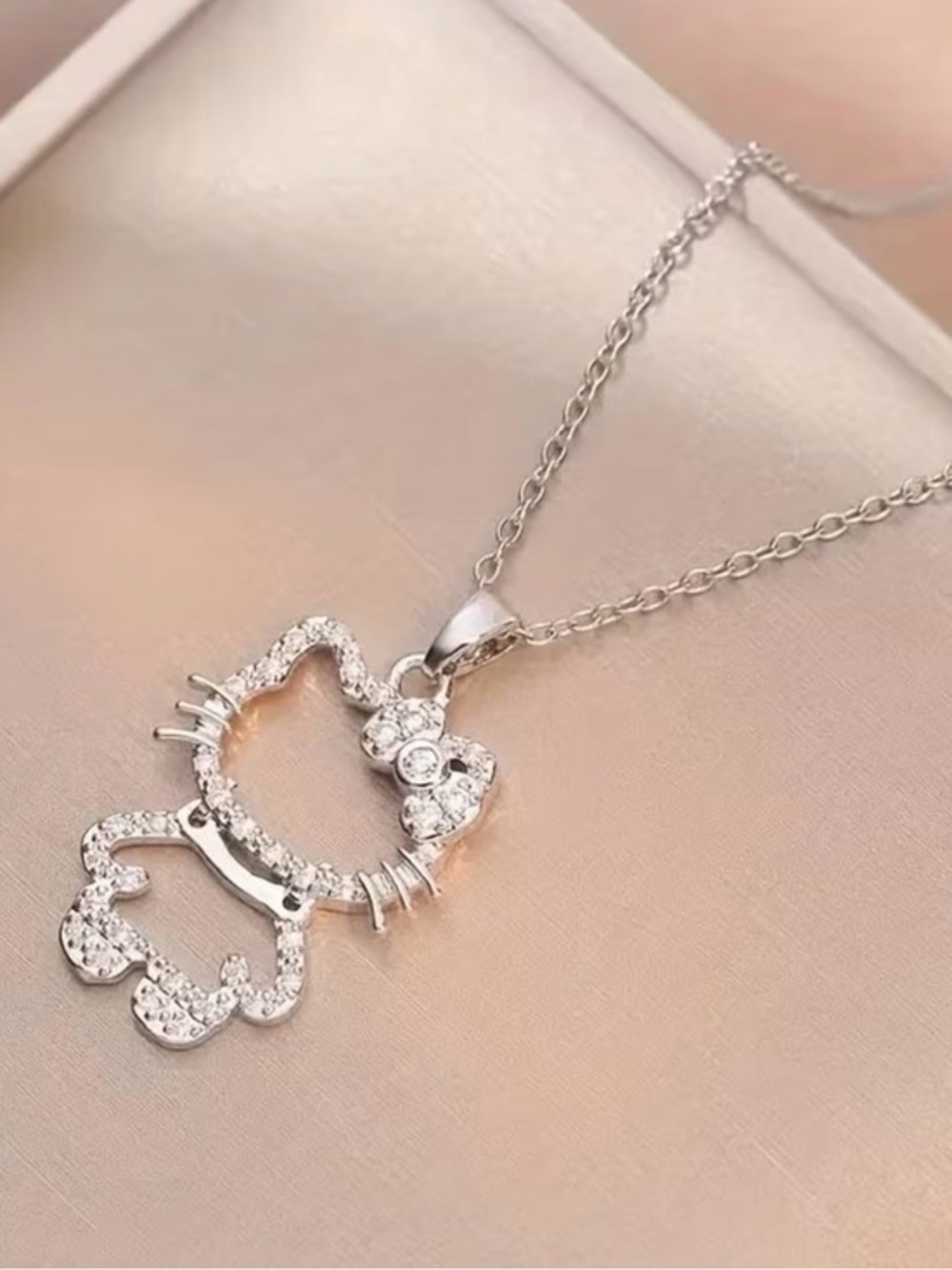 Hello Kitty Inspired Silver Crystal Cat Pendant Necklace